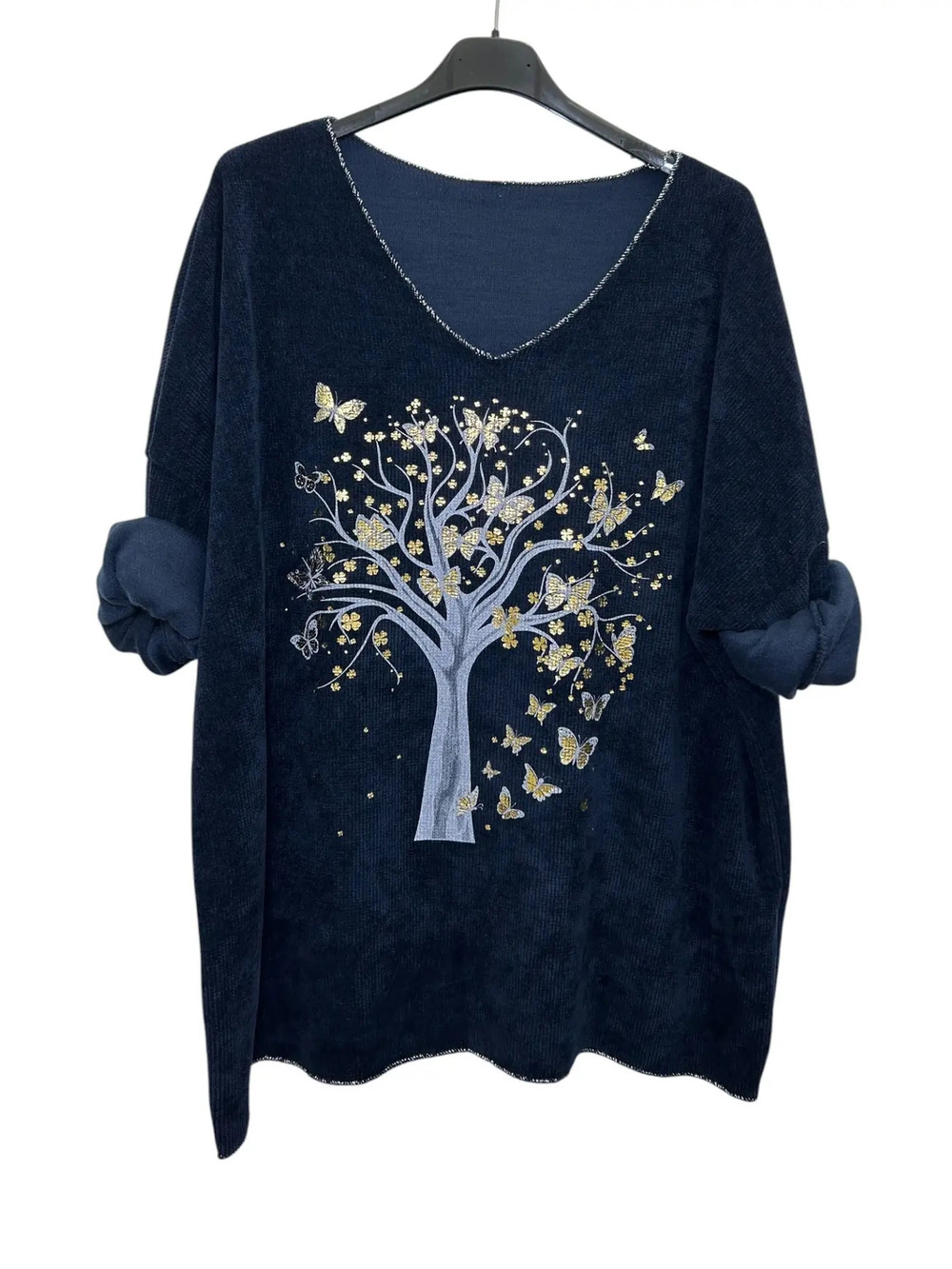 L1700 | Loowie Whimsical Tree & Butterfly Print Velvet Top | Navy | One Sz S-L
